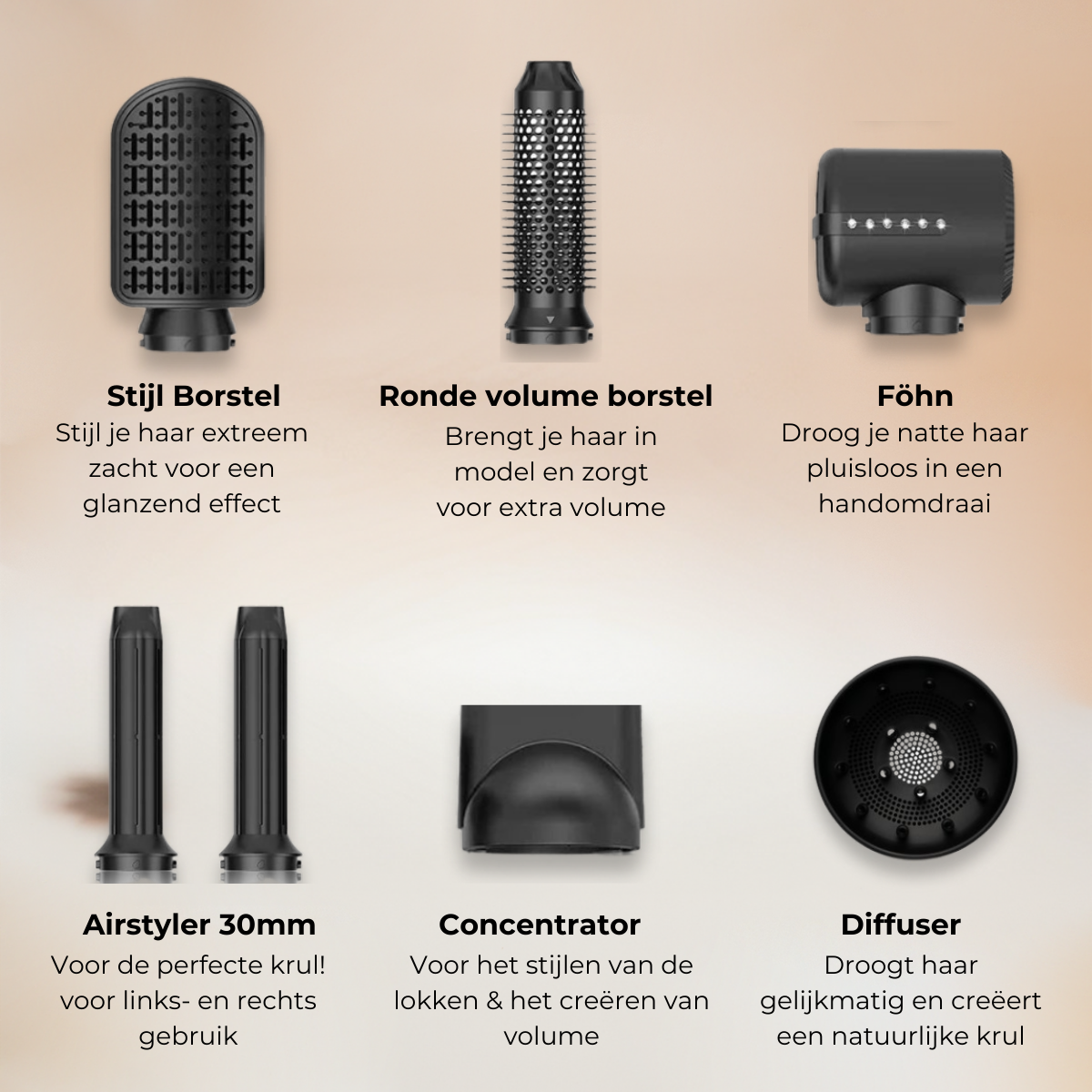 Ontdek de verschillende opzetstukken voor onze veelzijdige airstyler. Creëer diverse haarstijlen met gemak en precisie.