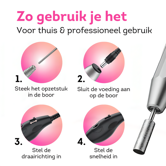 Gebruiksvriendelijk: onze elektrische nagelvijl maakt nagelverzorging eenvoudig en effectief. Perfect voor thuisgebruik