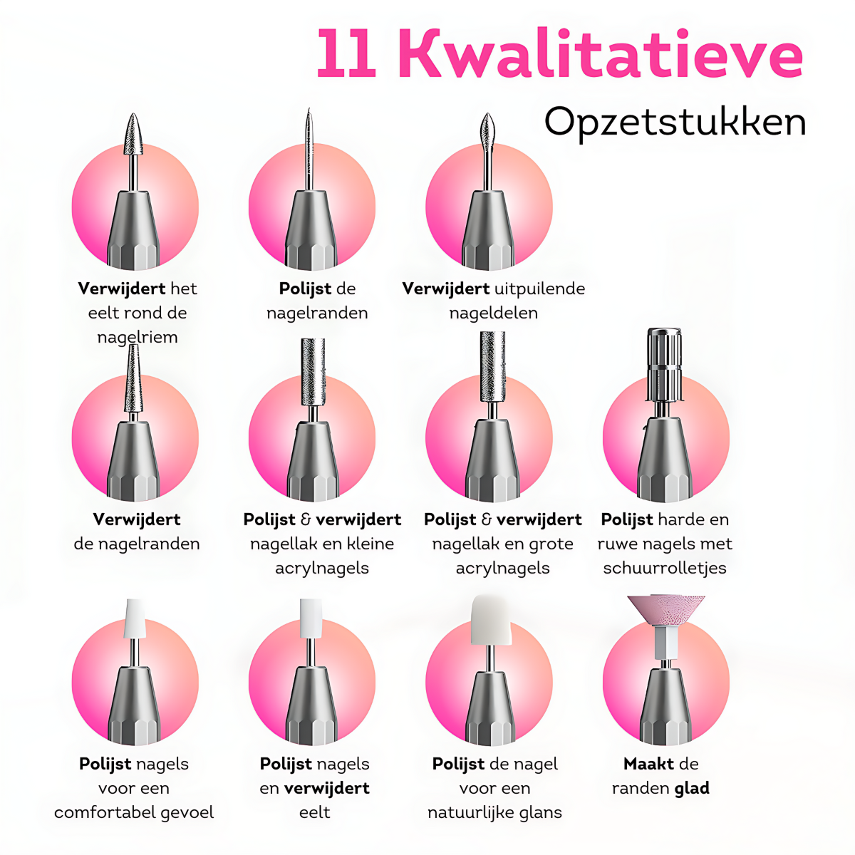 Verschillende opzetstukken voor professionele nagelverzorging. Alles wat je nodig hebt in één verpakking