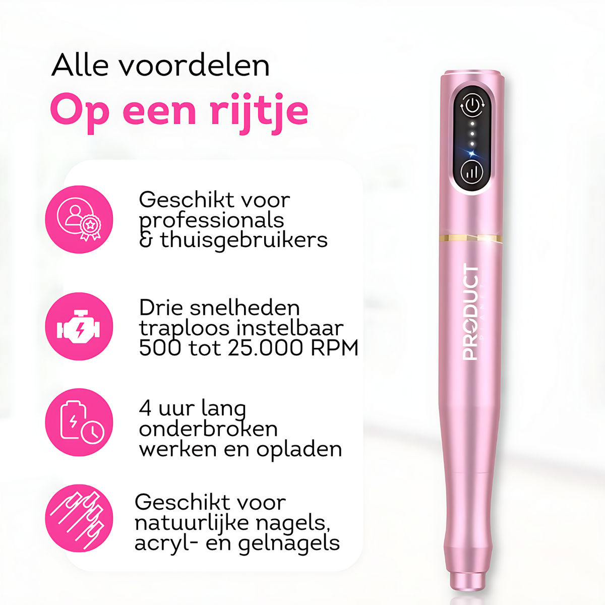 Draadloos gemak: onze nagelvijl biedt vrijheid en flexibiliteit. Perfect voor professionele resultaten waar en wanneer je maar wilt!