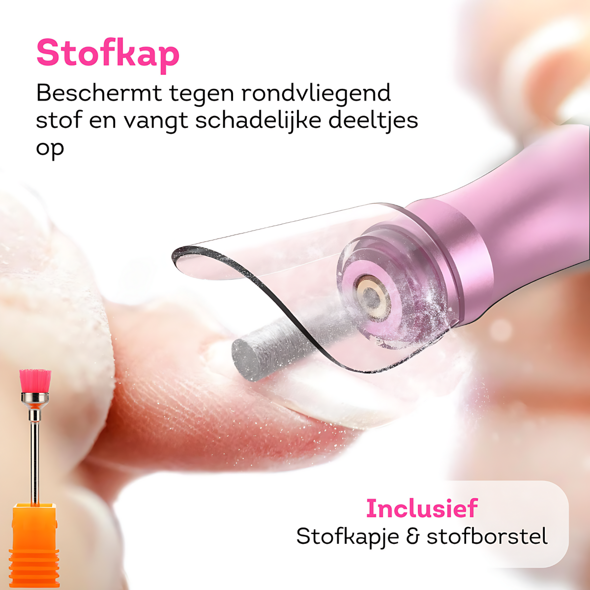 Stofkap voor onze elektrische nagelvijl. Houdt nagelvijlsel op zijn plek voor een nette en schone nagelverzorging