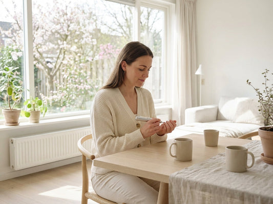 Persoon die thuis rustig een elektrische nagelvijl gebruikt voor frisse en verzorgde lentelooks.
