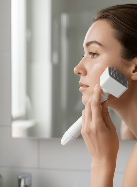 Vrouw met stralende huid gebruikt een Derma Stempel in een lichte badkamer, natuurlijke belichting en realistische huidtextuur.