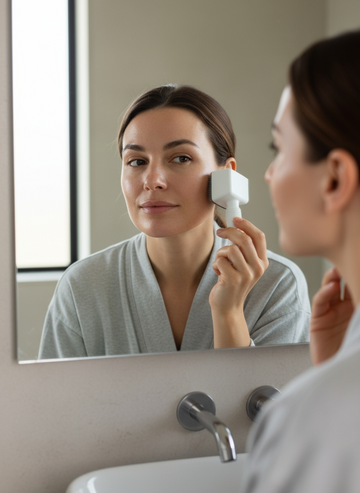 Vrouw met frisse huid gebruikt Derma Stempel voor de spiegel bij zacht daglicht.
