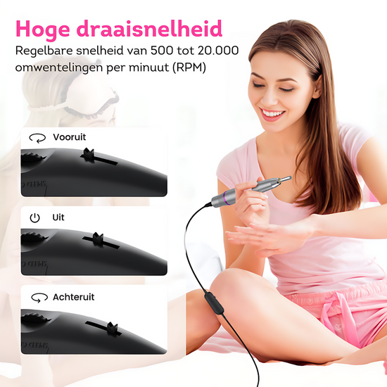 Geniet van een hoge draaisnelheid voor snelle en effectieve nagelverzorging. Perfecte resultaten in een handomdraai!