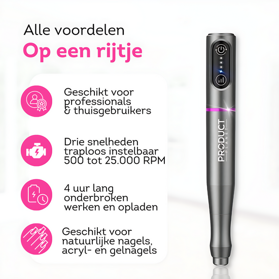 Draadloos gemak: onze nagelvijl biedt vrijheid en flexibiliteit. Perfect voor professionele resultaten waar en wanneer je maar wilt!