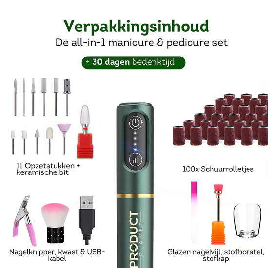 Onze nagelfrees wordt geleverd met een assortiment verwisselbare koppen en een handig opbergdoosje. Alles wat je nodig hebt voor professionele nagelverzorging!