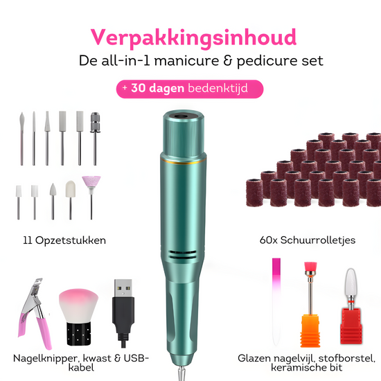 Complete set: onze draadloze nagelfrees wordt geleverd met opzetstukken en een handig reistasje voor professionele nagelverzorging onderweg