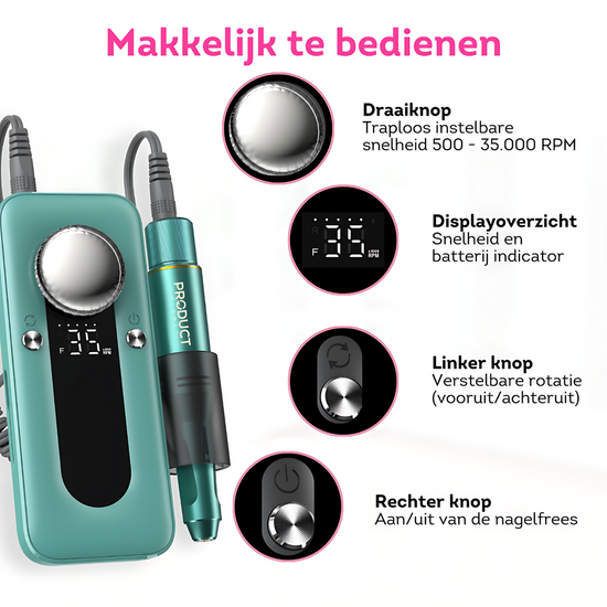 Eenvoudig te bedienen: onze nagelfrees biedt gebruiksgemak voor professionele nagelverzorging thuis. Perfect voor beginners en experts!