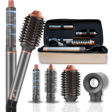 ProductPlanet Ultimate 5-in-1 Airstyler: krachtige 1400W motor, luxe kleuren, 5 opzetstukken, hittehandschoen, Coanda-effect en ionentechnologie.