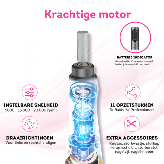 Een krachtige motor zorgt voor snelle en effectieve nagelverzorging met onze nagelfrees. Profiteer van professionele resultaten thuis!