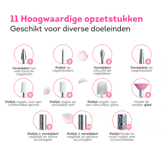 Diverse opzetstukken voor onze draadloze nagelfrees. Geniet van veelzijdige nagelverzorging voor professionele resultaten thuis en onderweg!