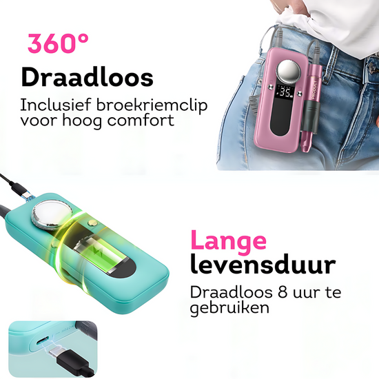 Geniet van draadloze vrijheid en een lange levensduur met onze nagelfrees. Professionele resultaten zonder gedoe, altijd en overal!