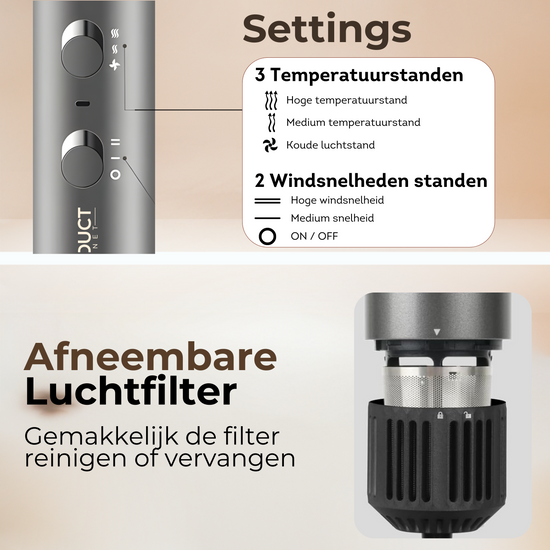 Afneembare luchtfilter en instelbare settings voor gepersonaliseerde styling. Onze ionische föhn biedt ultiem gemak voor prachtige resultaten