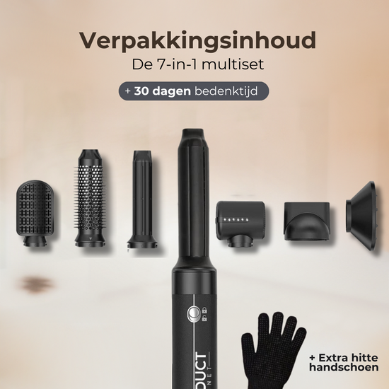 Ontdek de verpakkingsinhoud van onze veelzijdige airstyler. Compleet met opzetstukken voor professioneel stylen thuis