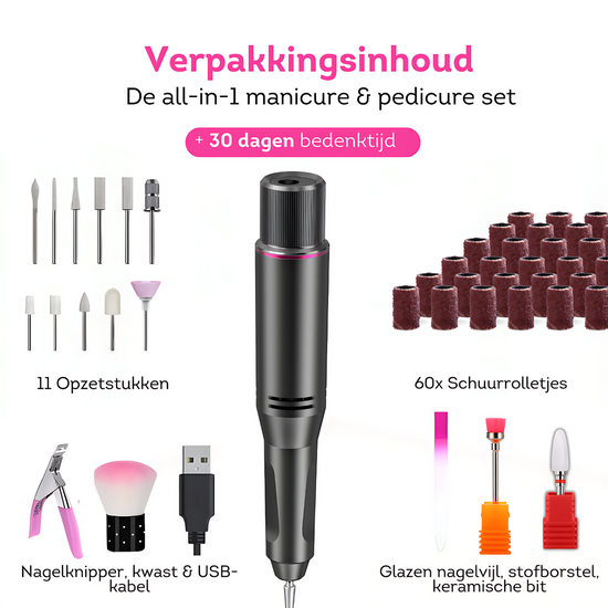 Complete set: onze draadloze nagelfrees wordt geleverd met opzetstukken en een handig reistasje voor professionele nagelverzorging onderweg