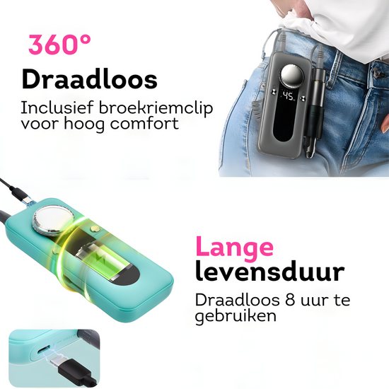 Geniet van draadloze vrijheid en een lange levensduur met onze nagelfrees. Professionele resultaten zonder gedoe, altijd en overal!